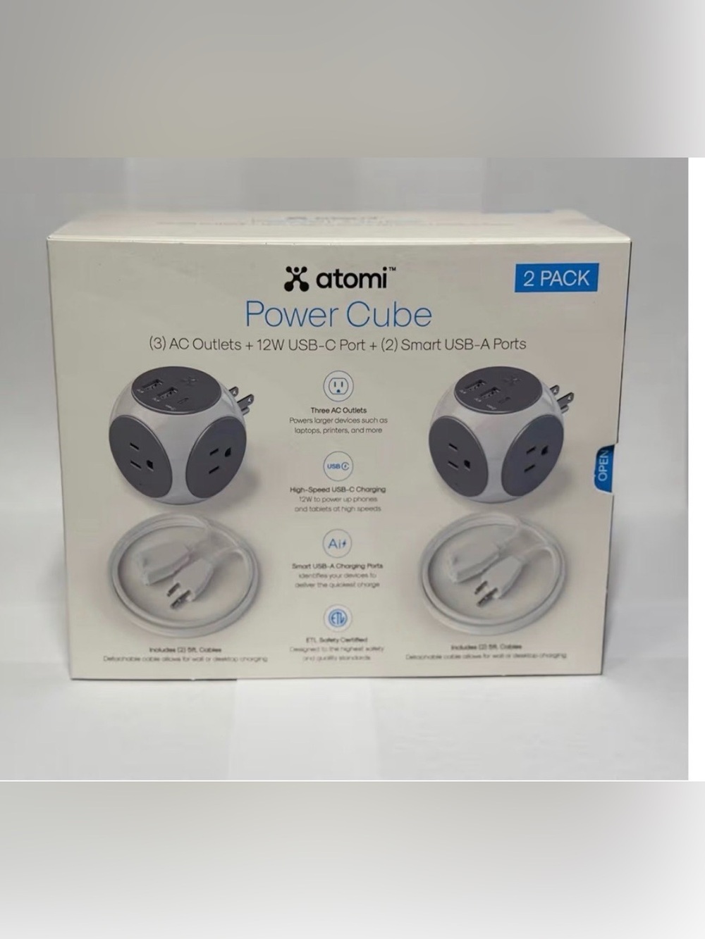 Atomi Power Cube 2-Pack – 3AC Outlets + 3 Smart USB Ports